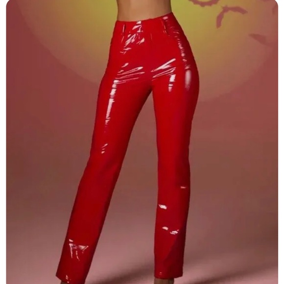 Oh Polly Loveshine Vinyl Red Straight Leg Trousers - Picture 1 of 4